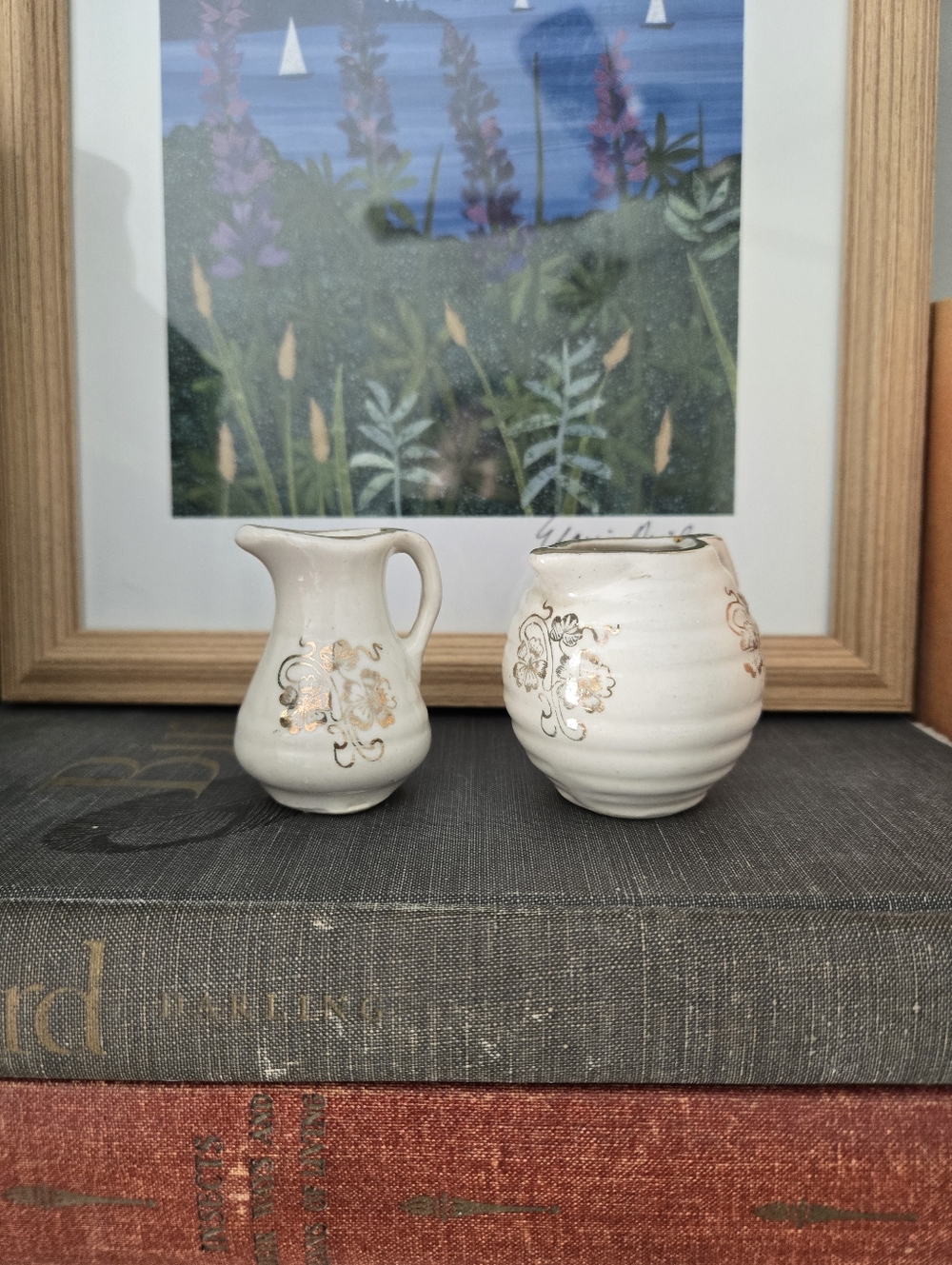 VTG French Ivory Pottery Gold Trim Floral Ribbon Miniature Creamer Vase Set